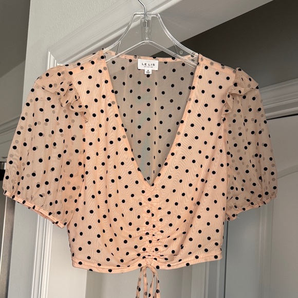Le Lis Tops - LE LIS Polka Dot Sheer Puff Sleeve Top - Peachy Tone Cream and Black